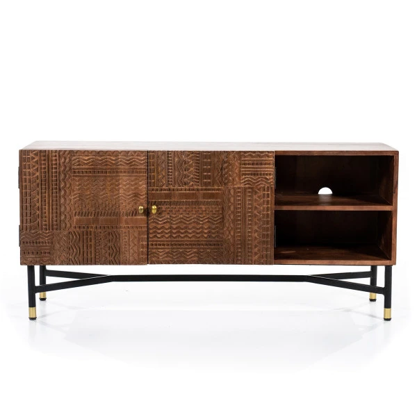 Tv-meubel Mangohout Met Houtsnijwerk 3 Tv-meubel Mangohout Met Houtsnijwerk