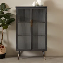 Zwarte Wandkast Met Geribbeld Glas